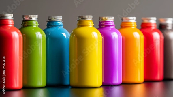 Fototapeta Vibrant bottles of paint in various colors arranged in a neat row on a table.