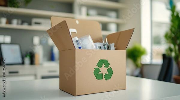 Obraz Sustainable delivery box with eco symbol stickers and recyclable insulation opened on medical counter, containing paper-wrapped tools, clinical logistics and green supply chain concept.
