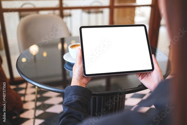 Fototapeta Mockup image of a woman holding digital tablet with blank white desktop screen in cafe