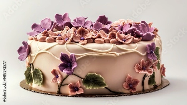 Obraz Unique-shaped cake featuring a blend of artistic frosting techniques and intricate decorations. The cake is presented in a way that accentuates 