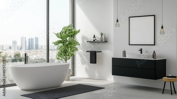 Fototapeta Modern bathroom interior with city view.