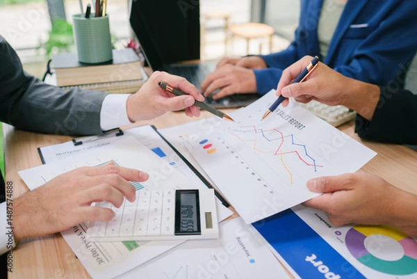 Obraz Business people, collaboration and paperwork with hands, statistics and social media trends. Office, writing and review of content creation team with SEO and target audience info for web update