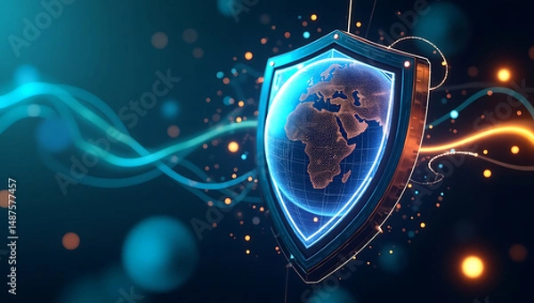 Fototapeta Global Communication internet security with blue shield on black background