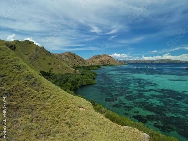 Fototapeta Aerial view of Padar Island between Komodo and Rinca Islands near Labuan Bajo in Indonesia.
