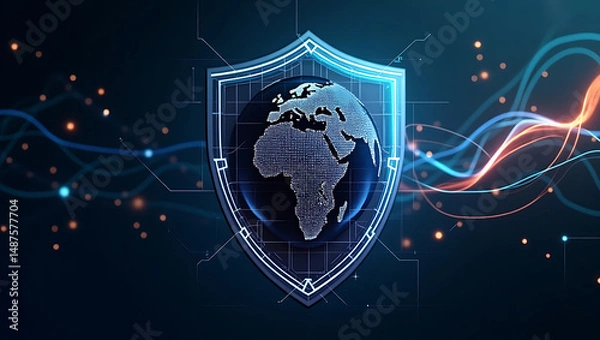 Fototapeta Global Communication internet security with blue shield on black background