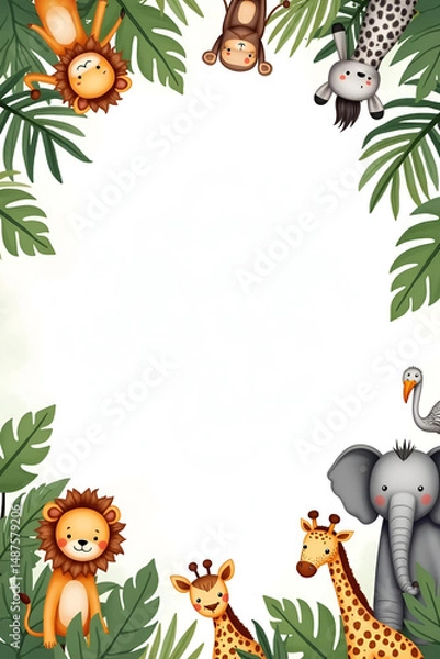 Obraz Cute Cartoon Jungle Animals Frame with Tropical Leaves and Empty Center
