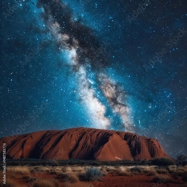 Obraz Uluru, a prominent Australian landmark, stands out against the star-studded night sky, its red earth and intricate patterns a testament to the region's geological history.