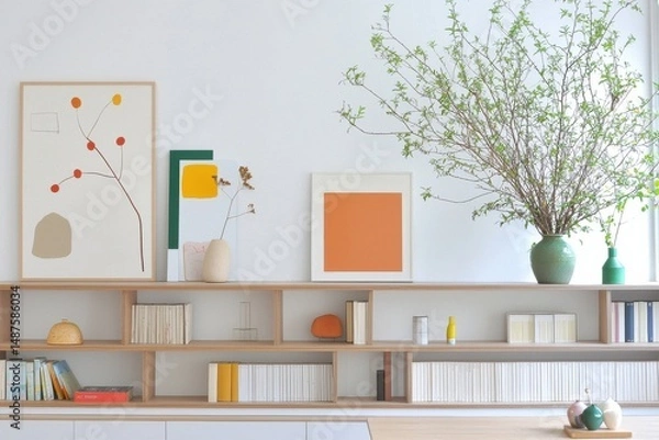 Obraz Stylish Modern Office Shelving with Art, Plant, and Decor Items Creating a Relaxing Work Atmosphere in Bright Home Setting