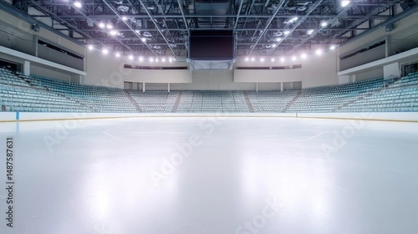 Fototapeta Empty ice rink with a smooth surface, viewed from the stands, under soft lighting. A serene and minimalist sports moment.
