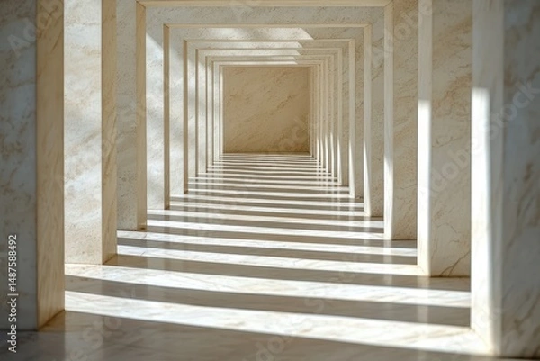 Fototapeta Hallway with light and shadow lines on the glossy marble floor. Use for concept of perspective, direction, and architectural design.