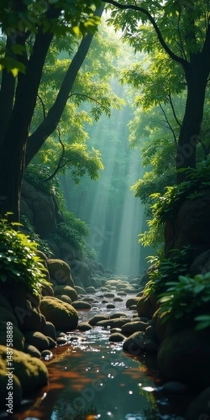 Fototapeta Majestic stream with sunlight beams in a lush forest