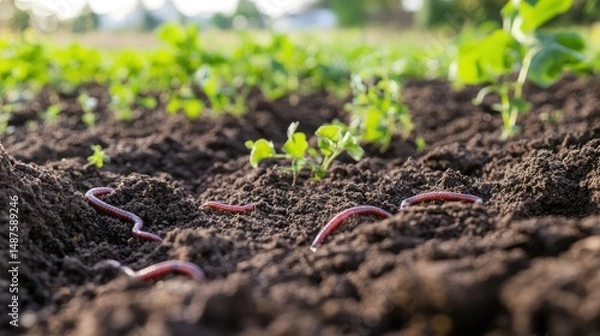 Obraz Earthworms in a Lush Garden Bed