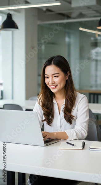 Obraz Asian Woman Working on Laptop: Happy Student, Office Professional, or Entrepreneur at Desk with Notebook & Pen. Modern Workspace Vibe!