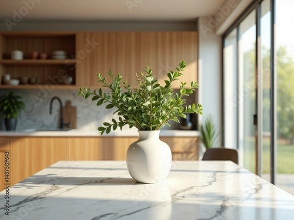 Fototapeta White vase with greenery on a kitchen counter near large windows