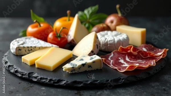Fototapeta Assorted cheeses on a black tray with fruits and vegetables