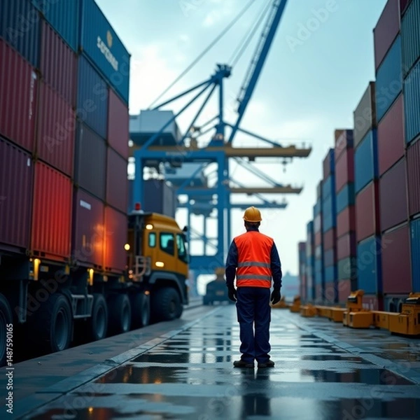 Fototapeta A worker in a yellow vest stands on a wet dock between blue containers