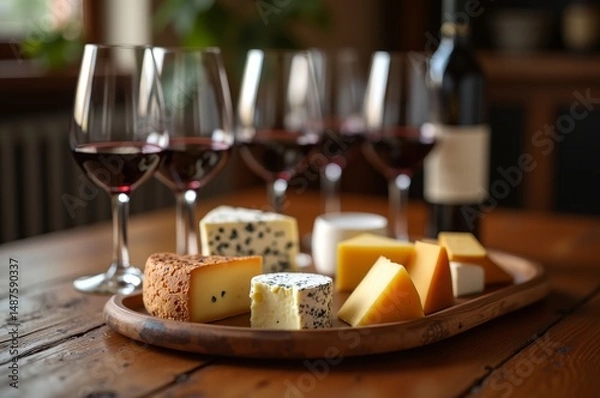 Fototapeta Wine glasses with red wine, cheese selection on a wooden plate, and a bottle of wine