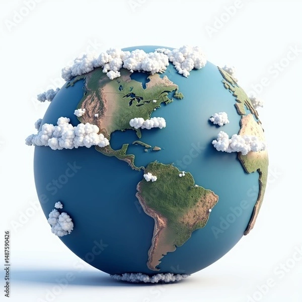 Fototapeta 3D rendering of a blue Earth with white clouds on a white background