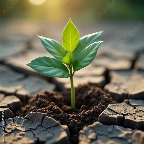 Fototapeta A lone green leaf sprouting from a dry patch of soil