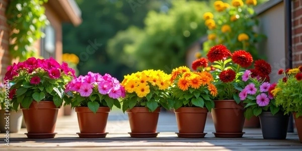 Fototapeta A colorful array of flowers in potsSunlit wooden patio with flower potsVivid red, pink, yellow, and
