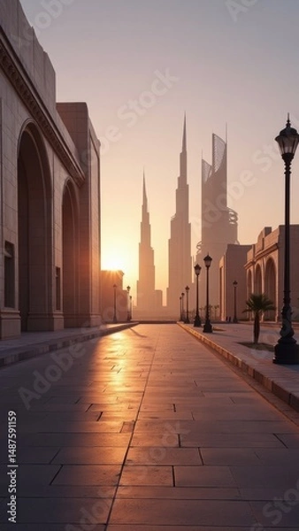 Fototapeta Sunset in a city with modern buildings and classical architecture