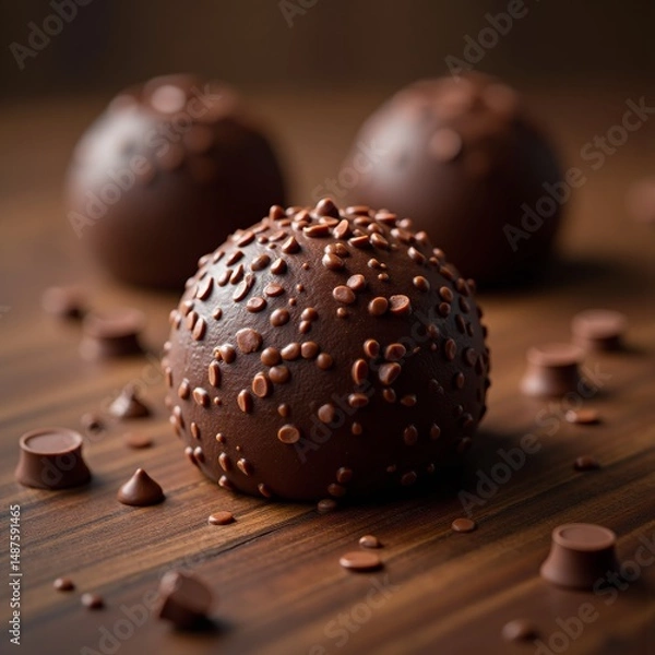 Fototapeta Three chocolate truffles with almonds on a wooden table