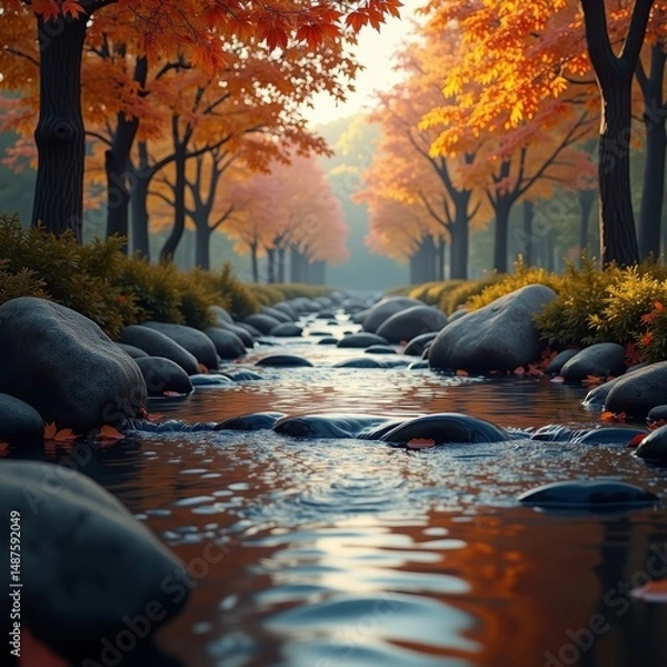Fototapeta Bright orange leaves on trees lining a river with rocks in the water