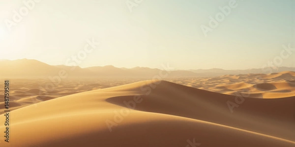 Fototapeta A minimalist desert landscape with undulating dunes, one standing out in soft golden light against a pale blue sky.