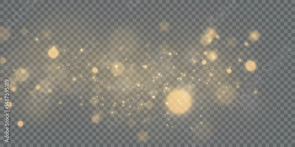 Fototapeta Magical golden cloud of glitter dust. Fine, shiny bokeh glitter particles and fine bright dust. Christmas golden glow effect on transparent PNG background.