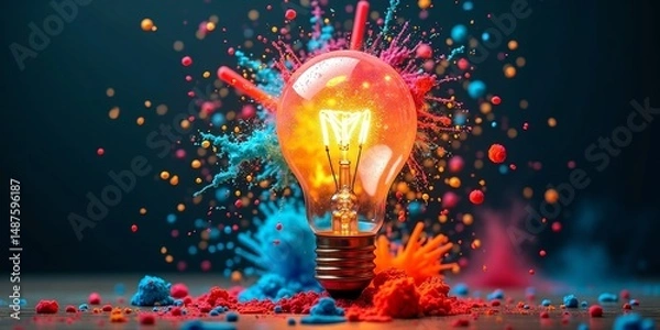 Fototapeta A light bulb exploding in a burst of colorful particles