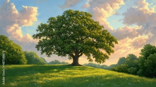 Fototapeta Lone oak tree in the center of a bright green field under radiant sunset hues of magenta and gold