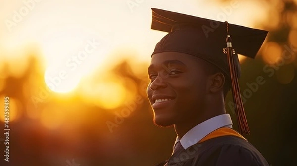 Obraz closeup of black graduate student with cap tassel in focus and sunset in background