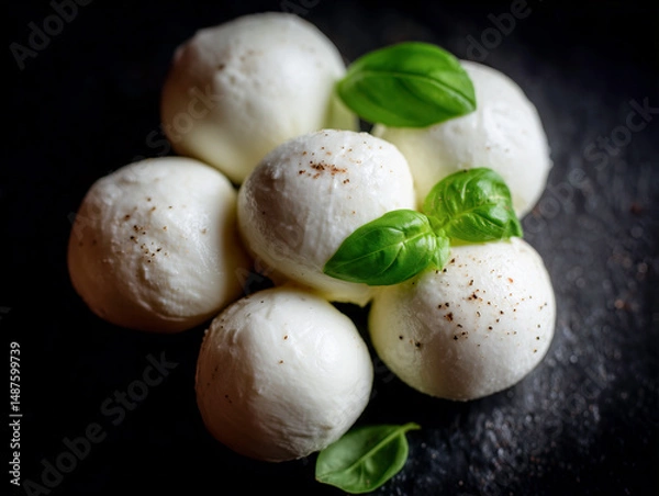 Fototapeta Gustosa mozzarella fresca con basilico su ardesia nera