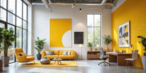 Obraz AI-driven creative studio with collaborative design stations, industrial lighting, and inspiring artwork. A cutting-edge creative studio with AI-driven collaborative design