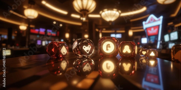 Fototapeta Crypto Casino Blockchain Vegas tower, smart contract dice, NFT art vault suites for gambling platform interfaces.