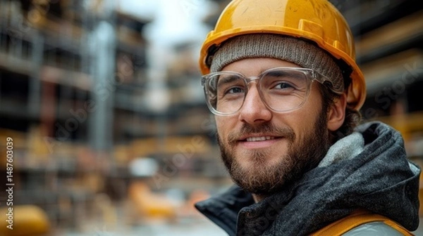 Obraz Smiling builder with hardhat in construction site, background blurred to showcase the project