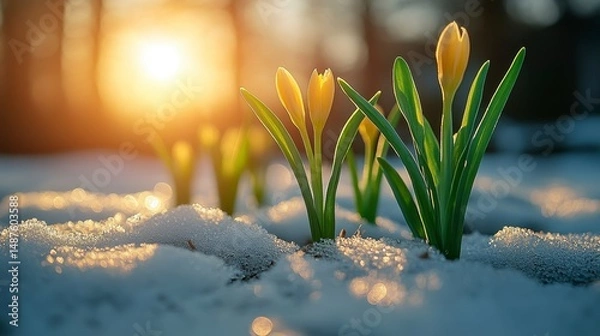 Obraz Spring's arrival yellow crocuses emerging through melting snow under a warm, golden sunset light