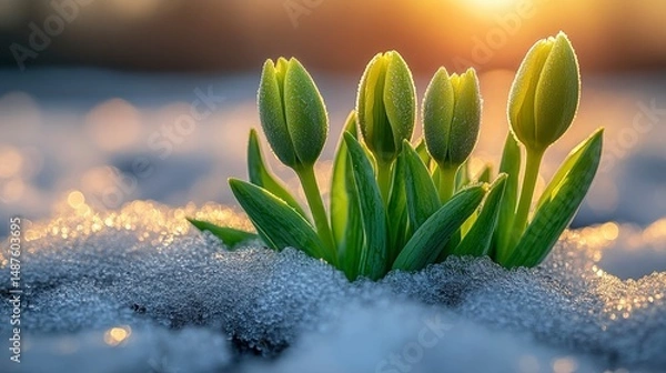Fototapeta Spring bloom Tulips push through sparkling snow, bathed in soft golden sunlight, signifying new beginnings