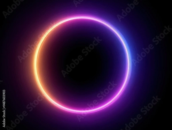 Fototapeta Stunning light circle effect emitting vibrant hues of orange and purple creating a mesmerizing digital visual display against a deep black background illuminating modern aesthetics