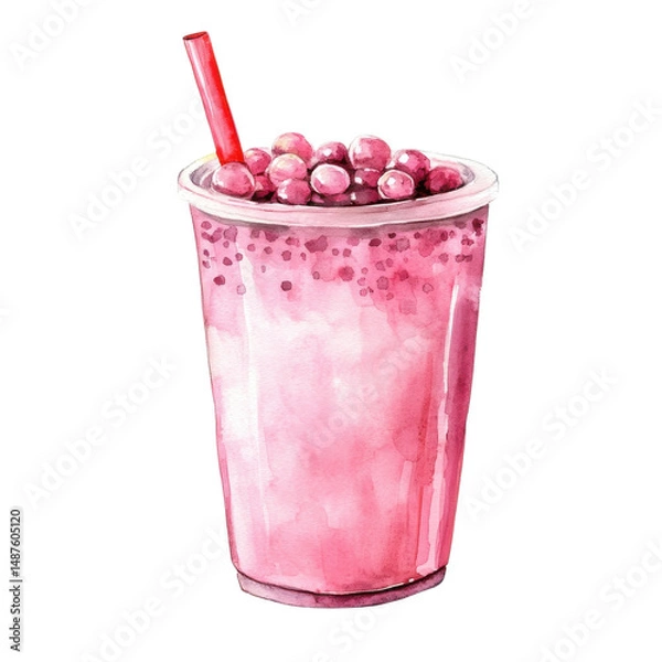 Obraz Pink boba tea with straw on transparent background