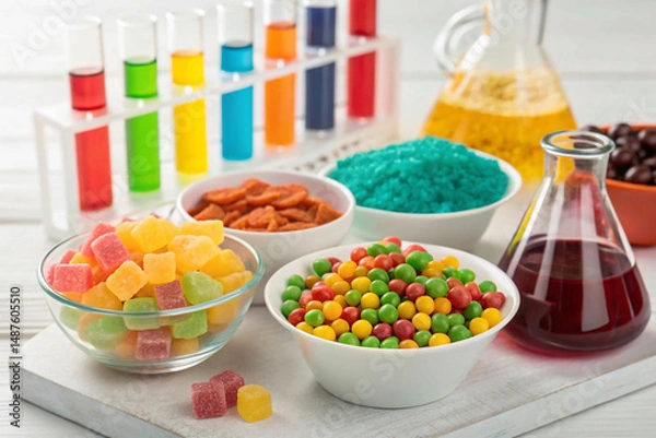 Obraz Food Coloring Concept as artificial dyes in processed food industry as synthetic color in ingredients