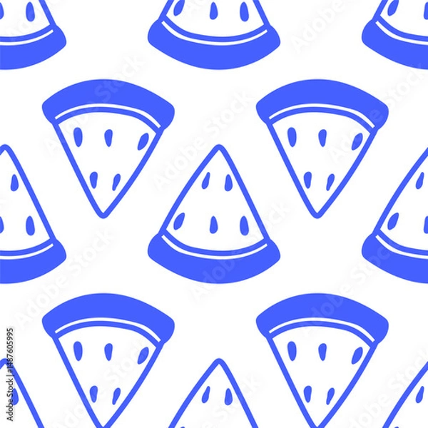 Fototapeta Cute seamless pattern with line watermelon slices. Cute blue doodle fruit print. Banner, wallpaper, fabric, notebook cover, packaging, wrapping paper template.