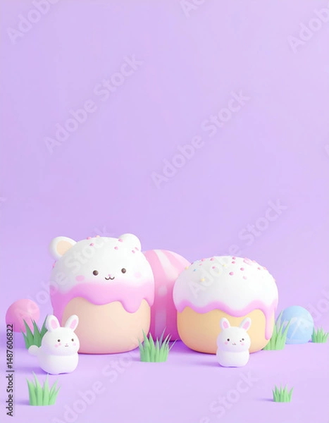 Obraz Cute pastel-themed dessert scene with bunny figures and colorful eggs.