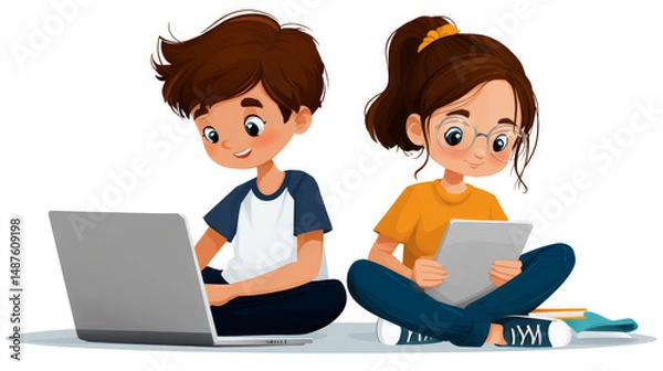 Fototapeta Online education of children on computer through internet web platform. Back to school. Technology remote study or learning of kids. Banner of digital studying. Boy and girl look at webinar on laptop