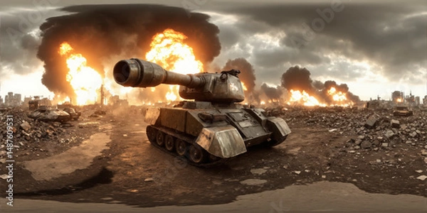 Fototapeta A chaotic and intense scene of a heavily armored military tank aggressively advancing through a war-torn, rubble-strewn city, with distant explosions illuminating