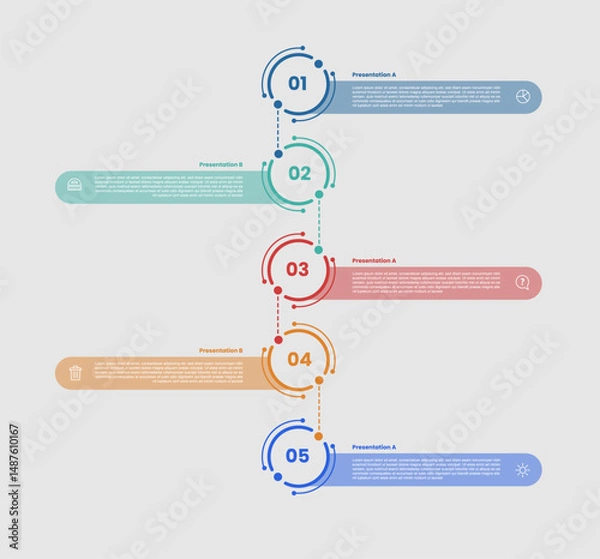 Fototapeta 5 stage infographic diagram with outline circle stacked list vertical with opposite list with 5 step for slide presentation
