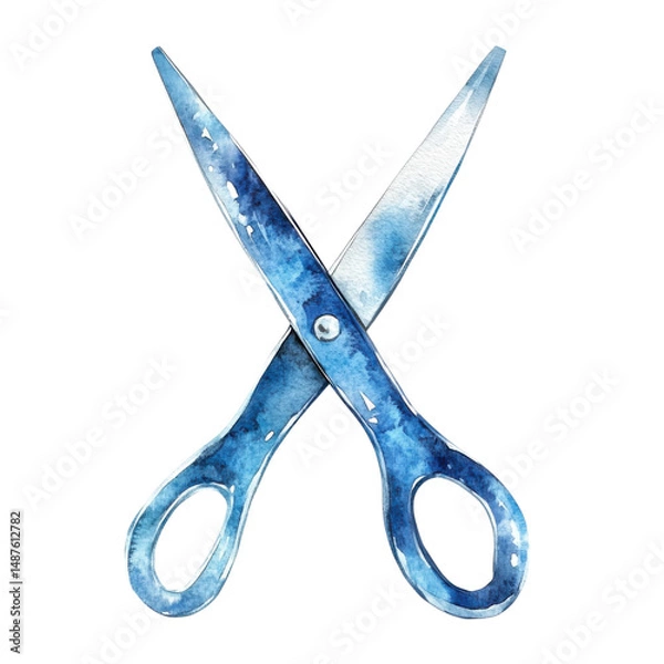 Obraz Blue watercolor scissors on transparent background