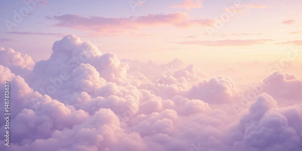 Fototapeta Ethereal Soft Cloudscape in Pastel Sunset Tones A dreamy abstract sky with fluffy clouds in soft pink, lilac, and golden