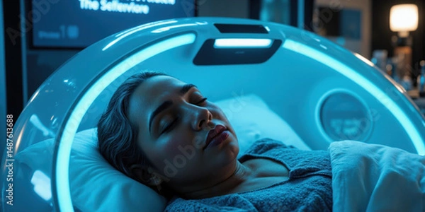 Fototapeta Longevity-Optimized Biohacking Sleep Pod - A 70-year-old Hispanic woman peacefully resting in an AI-regulated smart sleep pod, surrounded by soothing
