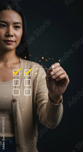 Obraz  Task Management: Woman Completing Checklist with Virtual Interface - Productivity, Efficiency, & Digital To-Do List